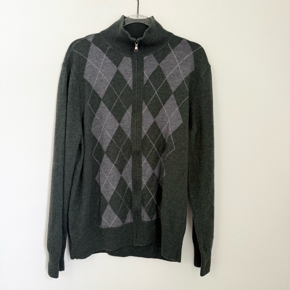 Banana Republic Gray 100% Marino Wool Argyle Full Zip Sweater Men's Size XL - Picture 1 of 7